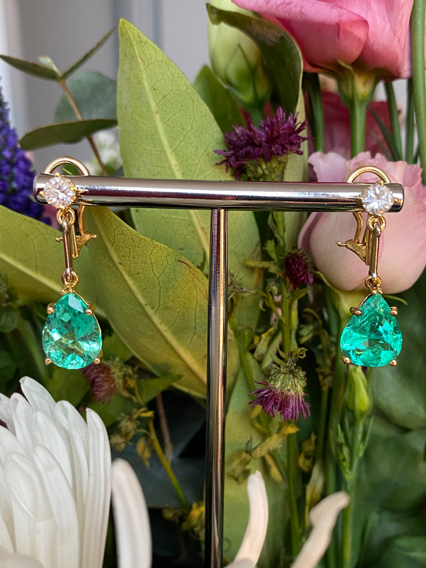 Spectacular 9.65ctw Pear Cut Colombian Emerald and Diamond Drop Earrings in 18ct Yellow Gold