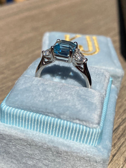 1.40 Carat Aquamarine and Natural Diamond Three-Stone Ring in Platinum