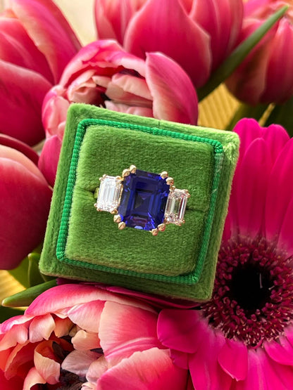 6.79 Carat Emerald Cut Tanzanite and 2.00ctw Diamond Ring in 18ct Yellow Gold