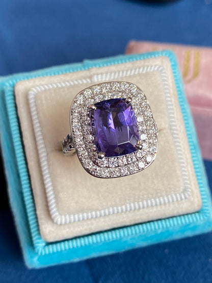 5.42 Carat Cushion Cut Tanzanite and 1.68 ctw Natural Diamond Cocktail Ring in Platinum