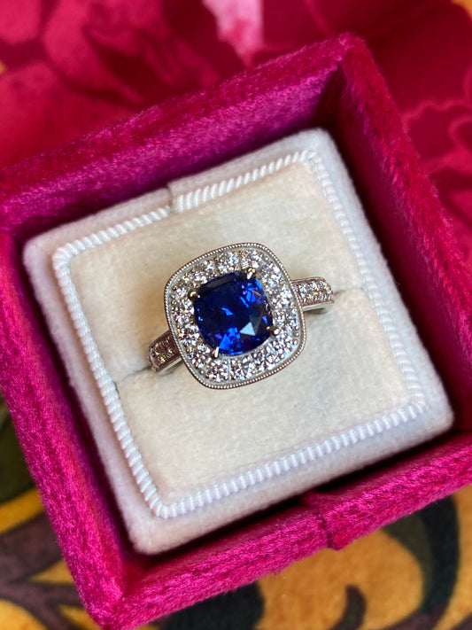 2.24 Carat Blue Ceylon Sapphire and Natural Diamond Halo Ring in Platinum