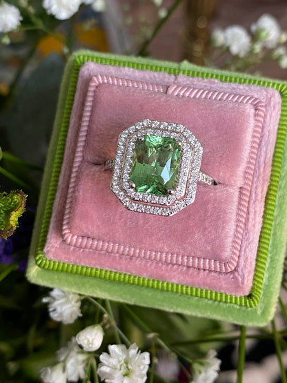 4.57ctw Tsavorite Garnet and Diamond Halo Engagement Ring in Platinum