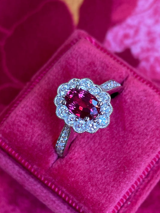 1.92ctw Oval-Cut Ruby and Natural Diamond Halo Ring in Platinum