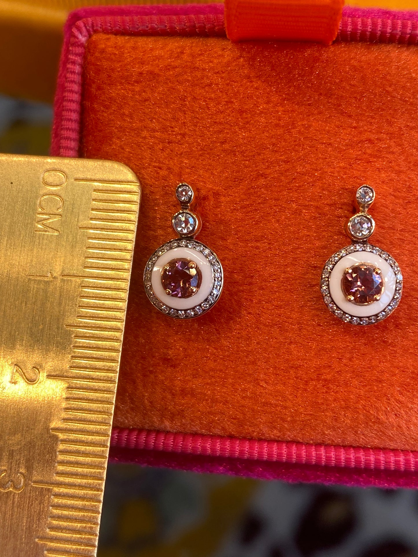 Pink Tourmaline, Diamond and Enamel Drop Earrings in 18ct Yellow Gold