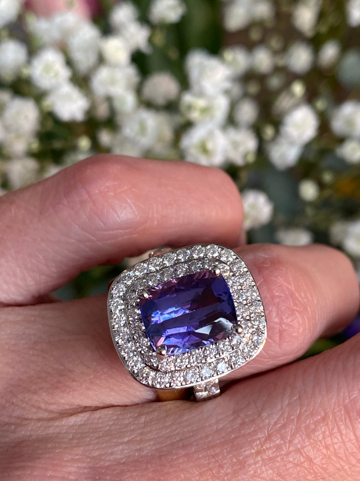 5.42 Carat Cushion Cut Tanzanite and 1.68 ctw Natural Diamond Cocktail Ring in Platinum