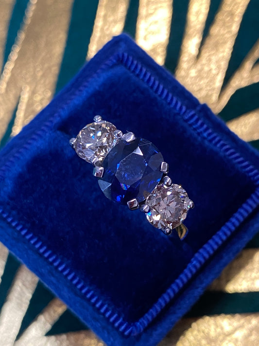 2.76ct Antique Blue Ceylon Sapphire and 2.02ct Diamond Three Stone Engagement Ring in 18ct White Gold