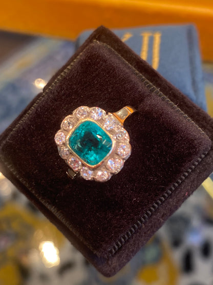 Antique Colombian Emerald and Old Cut Diamond Halo Ring in 18ct Yellow Gold