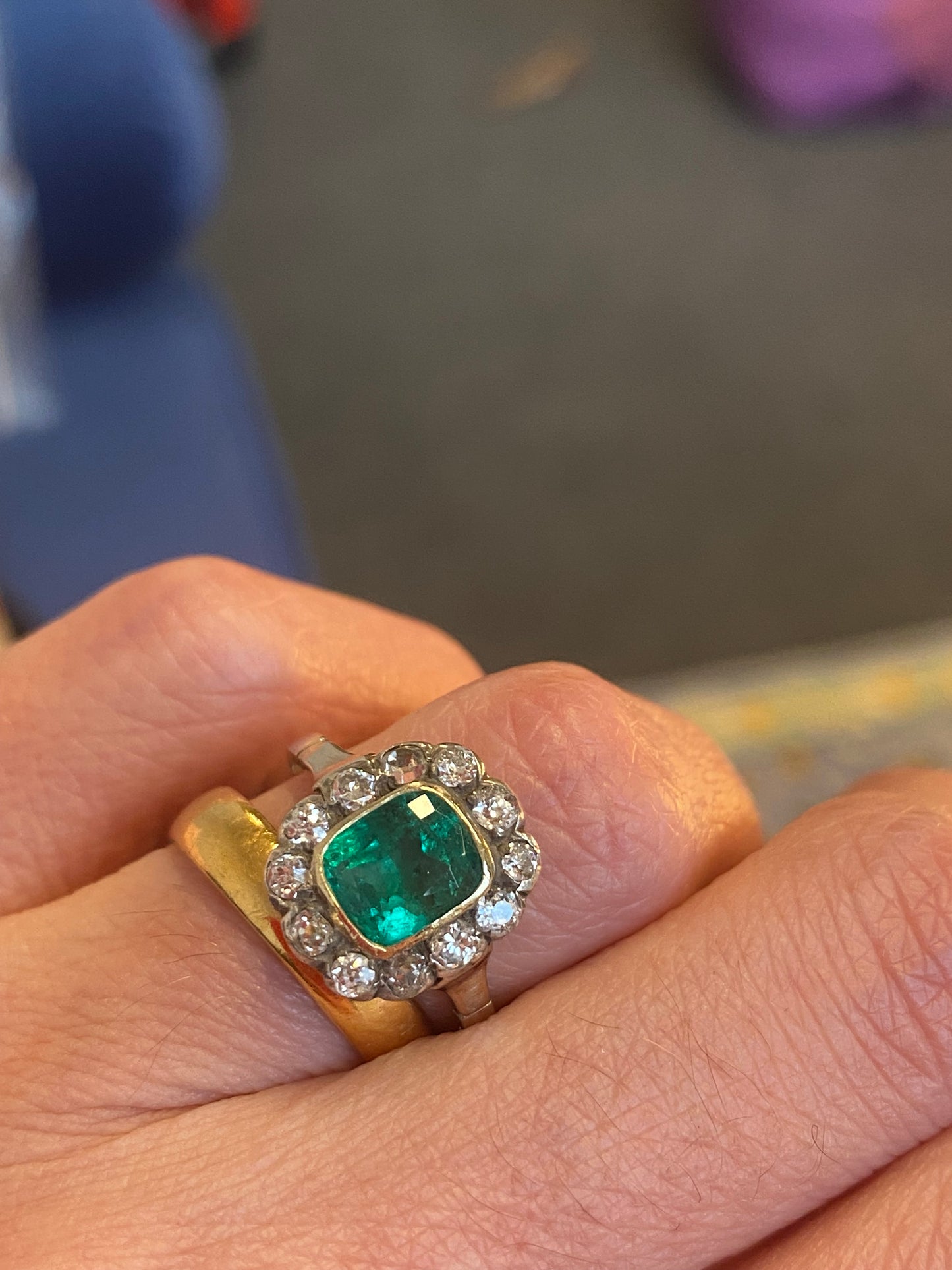 Antique Colombian Emerald and Old Cut Diamond Halo Ring in 18ct Yellow Gold