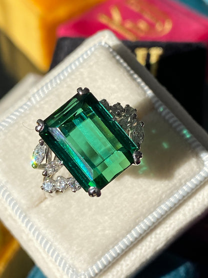 8.00 Carat Emerald Cut Green Tourmaline and Diamond Ring in 18ct White Gold