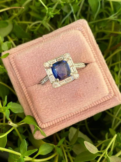 1.51 CTW Blue Ceylon Sapphire and Natural Diamond Art Deco Style Halo Ring in Platinum