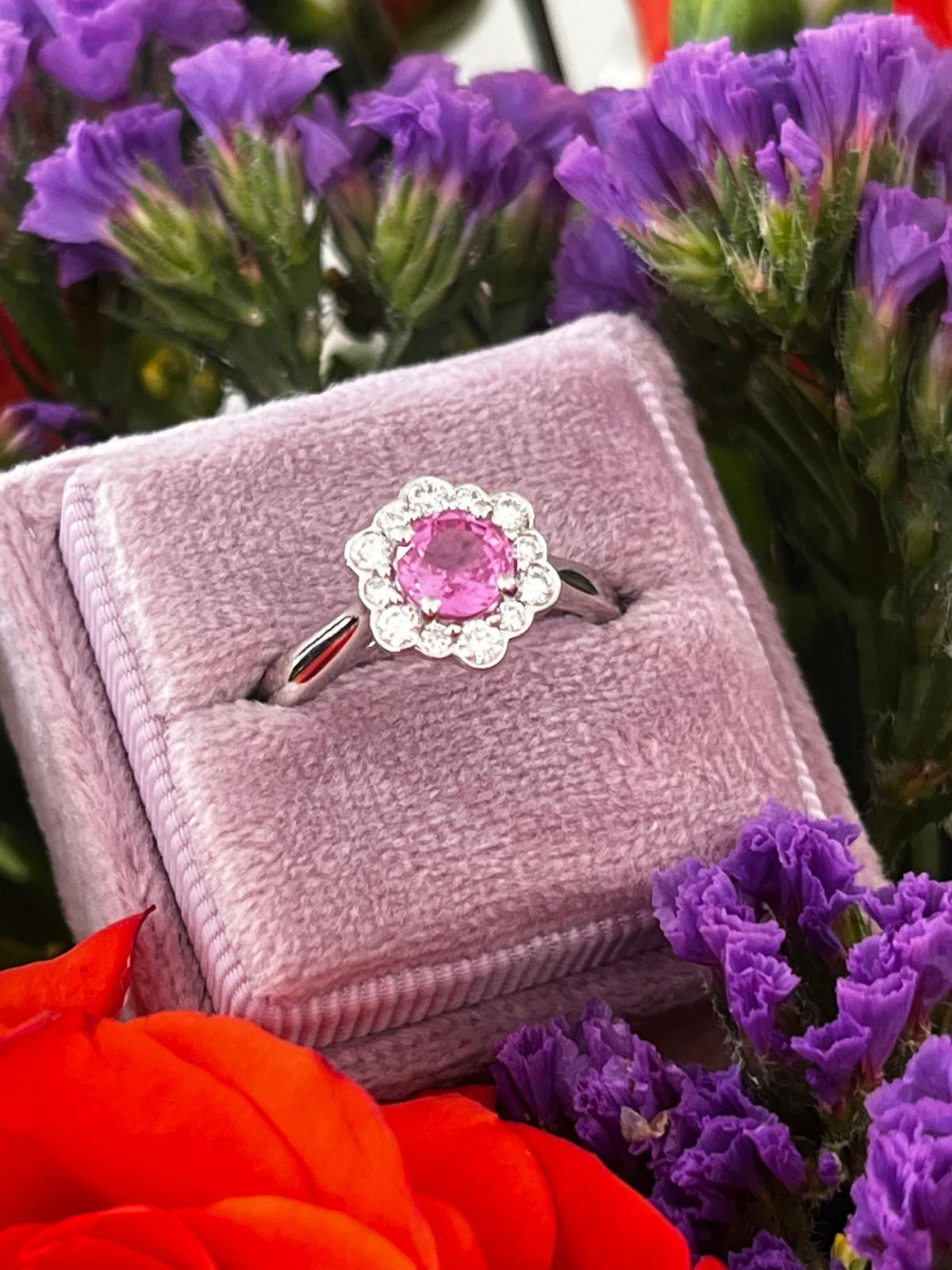 1.26 CTW Round Cut Pink Sapphire and Natural Diamond Halo Engagement Ring in Platinum