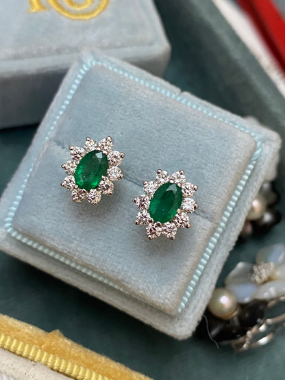 1.60 CTW Emerald and Diamond Halo Stud Earrings in 18ct Yellow Gold