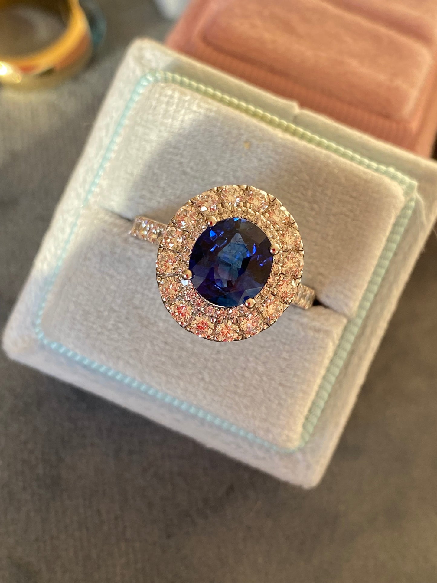 3.33 CTW Blue Ceylon Sapphire and Natural Diamond Halo Ring in Platinum