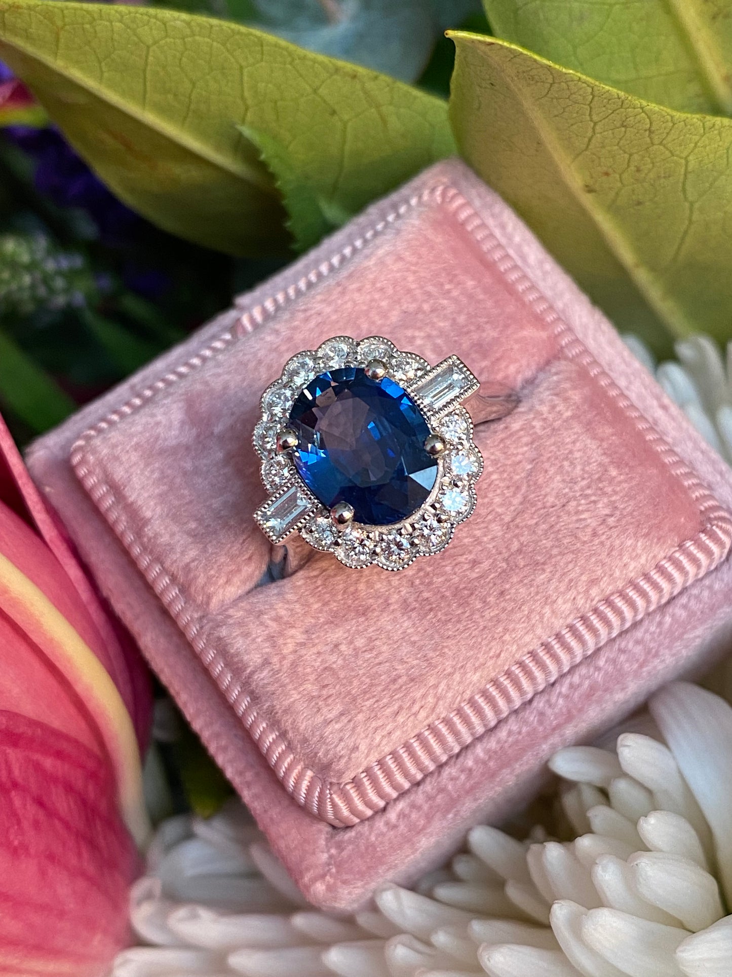 2.79 Carat Blue Ceylon Sapphire and 0.56ctw Natural Diamond Halo Ring in Platinum