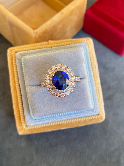 3.33 CTW Blue Ceylon Sapphire and Natural Diamond Halo Ring in Platinum