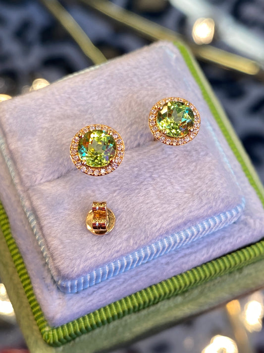 Peridot and Diamond Halo Stud Earrings in 18ct Yellow Gold