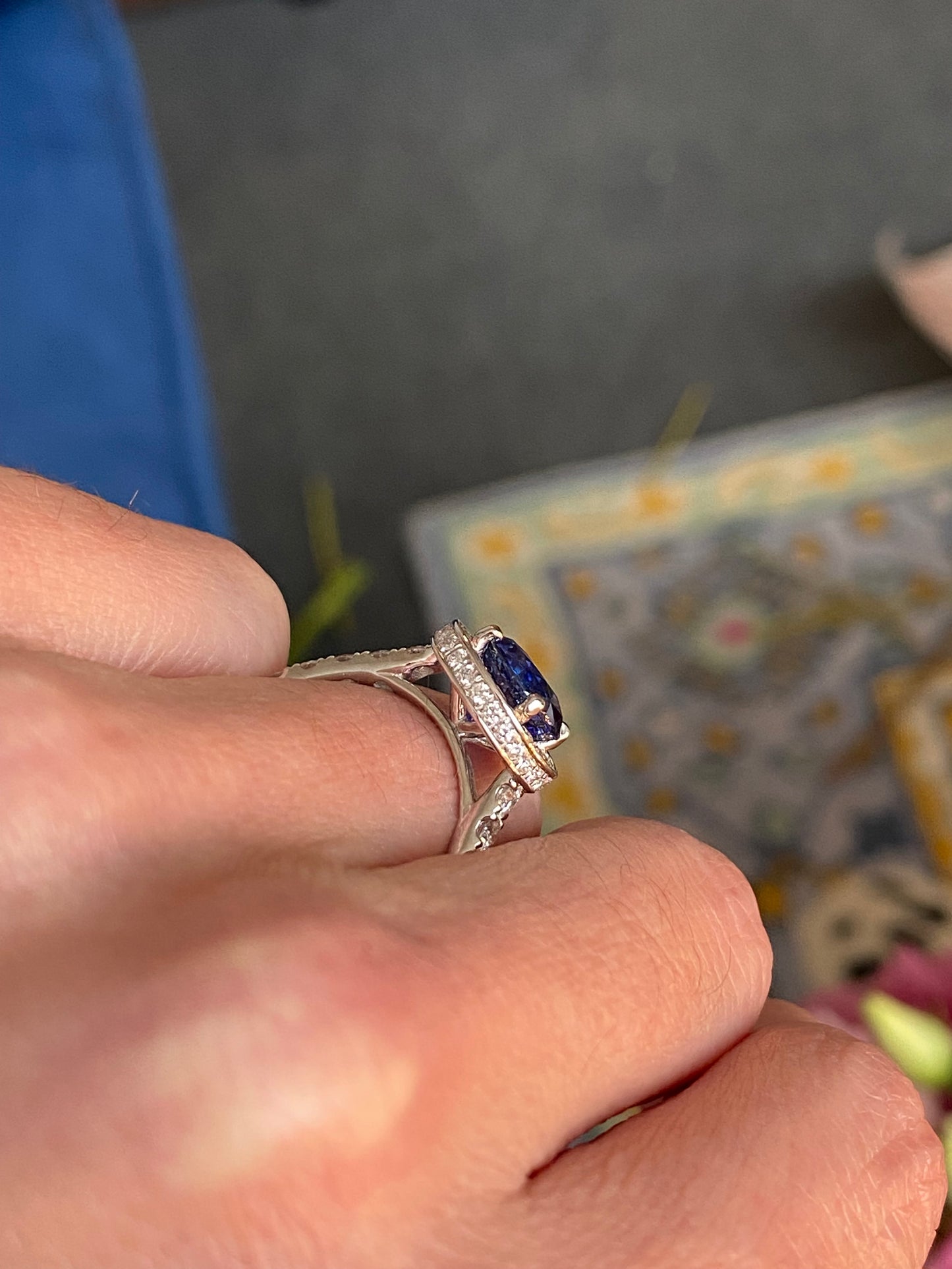 3.65 CTW Blue Ceylon Sapphire and Natural Diamond Double Halo Ring in Platinum