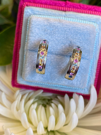 Rainbow Sapphire Hoop Earrings in 18ct White Gold