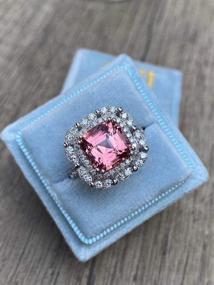 4.39 Carat Cushion Cut Pink Tourmaline and Natural Diamond Ring in Platinum