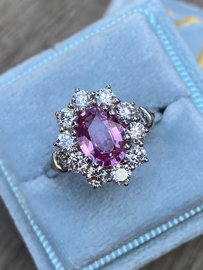 2.65 CTW Oval Cut Pink Sapphire and Natural Diamond Halo Ring in Platinum