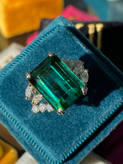 8.00 Carat Emerald Cut Green Tourmaline and Diamond Ring in 18ct White Gold