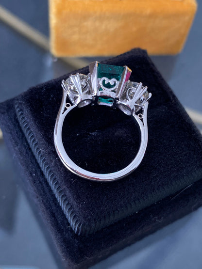 3.50 CTW Colombian Emerald and Diamond Three Stone Engagement Ring in Platinum