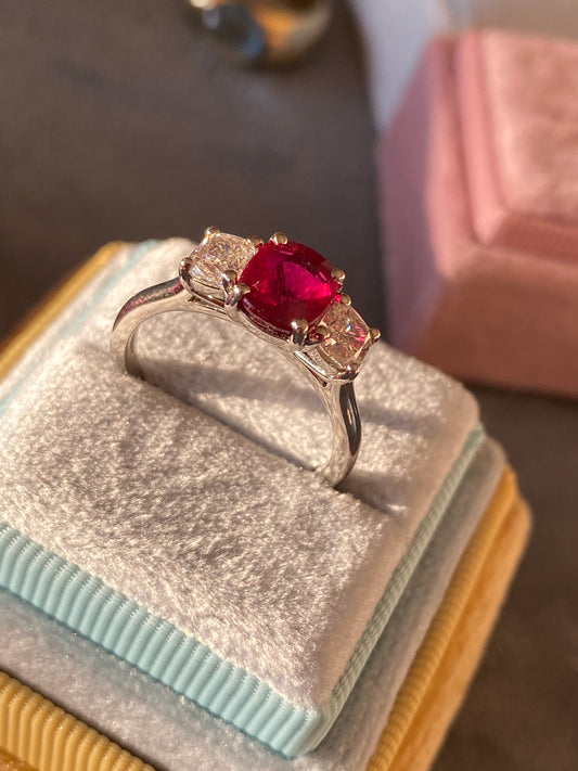 Carat Oval Ruby and Natural Diamond Three-Stone Engagement Ring in Platinum