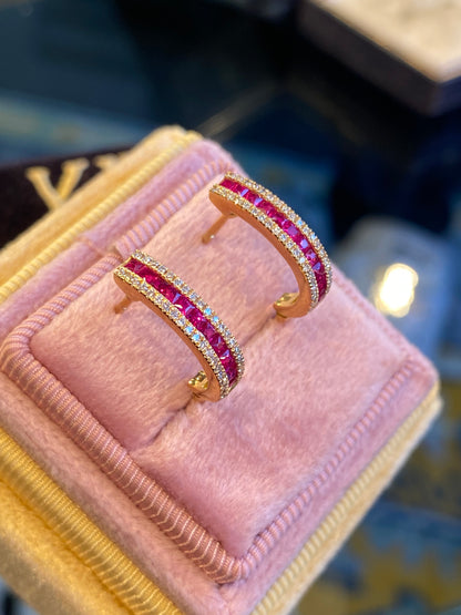 0.73 CTW Ruby and Diamond Hoop Earrings in 18ct Yellow Gold