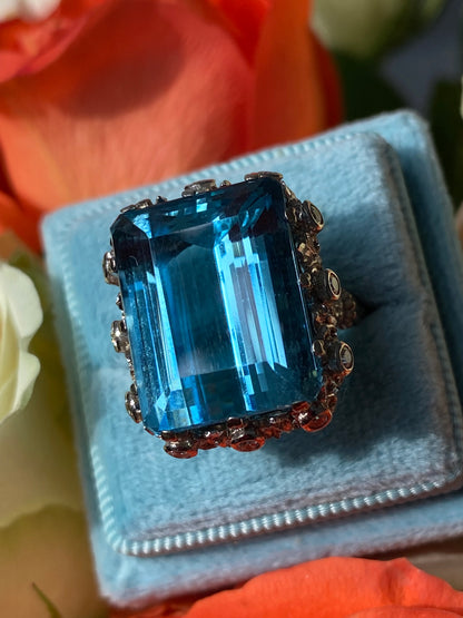 22.00 Carat Aquamarine and Diamond Vintage Cocktail Ring in 18ct White Gold