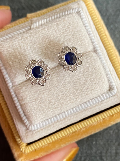 Antique Sapphire and Old Cut Diamond Halo Earrings in 18ct White Gold