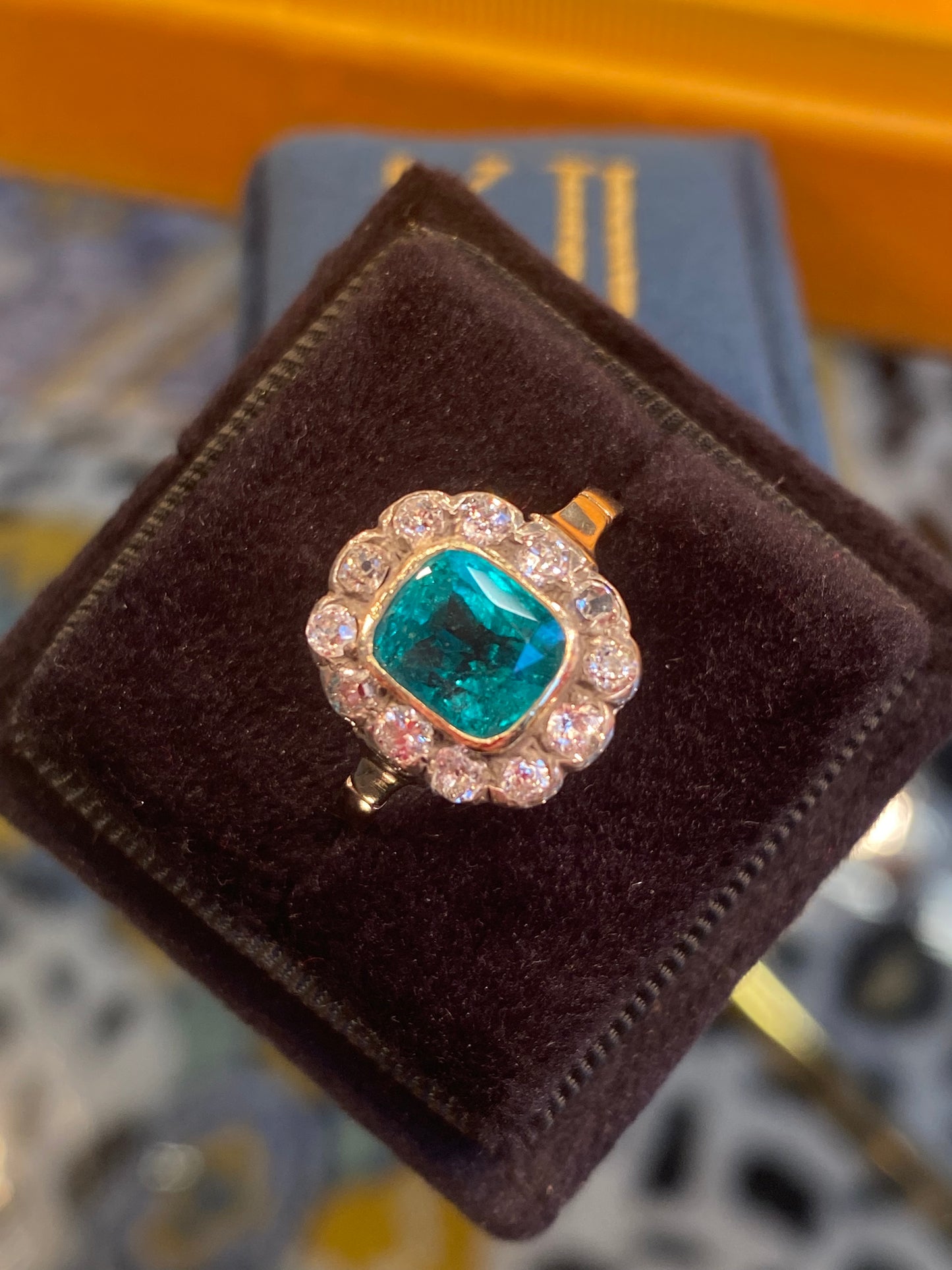 Antique Colombian Emerald and Old Cut Diamond Halo Ring in 18ct Yellow Gold