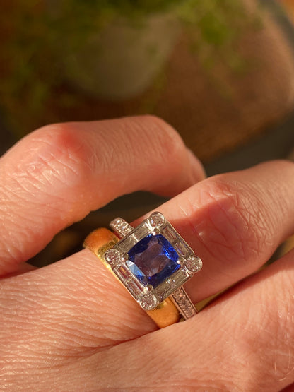 1.51 CTW Blue Ceylon Sapphire and Natural Diamond Art Deco Style Halo Ring in Platinum