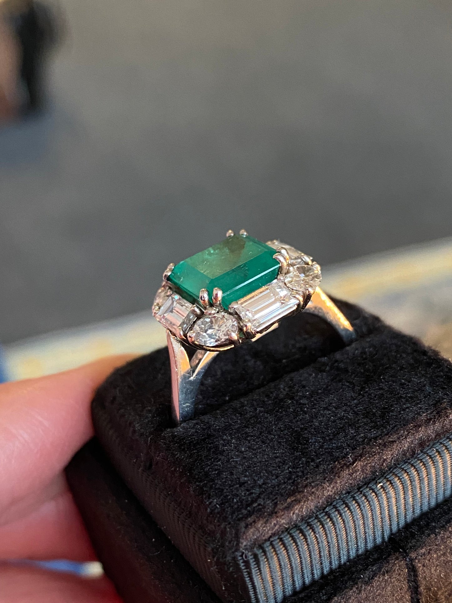 5.66 CTW Vintage Sqaure Emerald Cut Colombian Emerald and Natural Diamond Halo Ring in Platinum