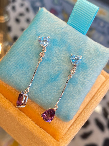 Pear Cut Amethyst, Heart Cut Topaz, and Diamond Drop Earrings in 18ct White Gold