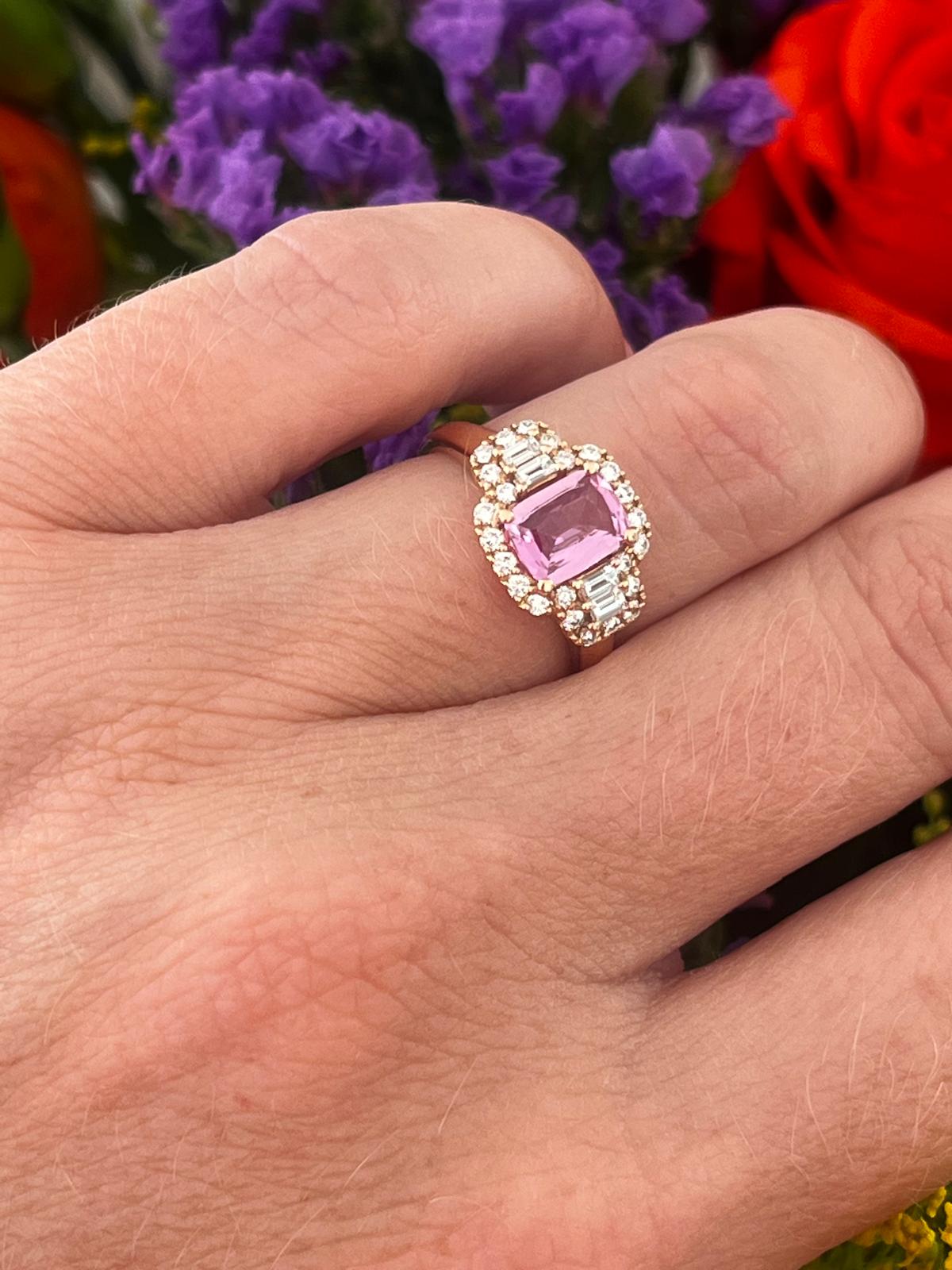 1.52 CTW Cushion Cut Pink Sapphire and Natural Diamond Halo Engagement Ring in 18ct Rose Gold