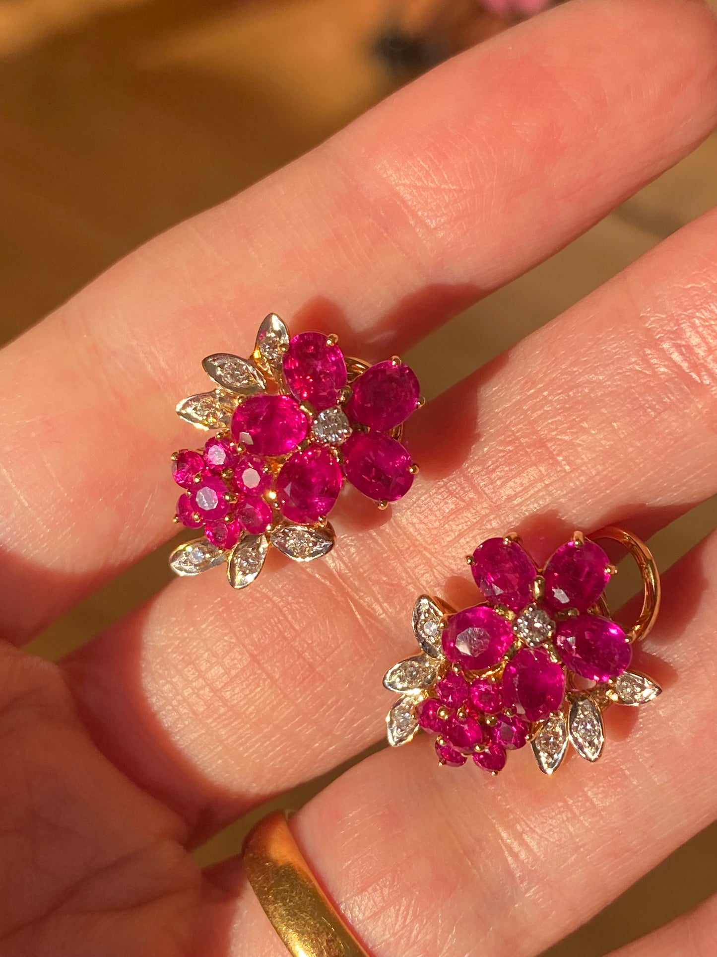 Vintage Burmese Ruby and Diamond Earrings in 18ct Yellow Gold