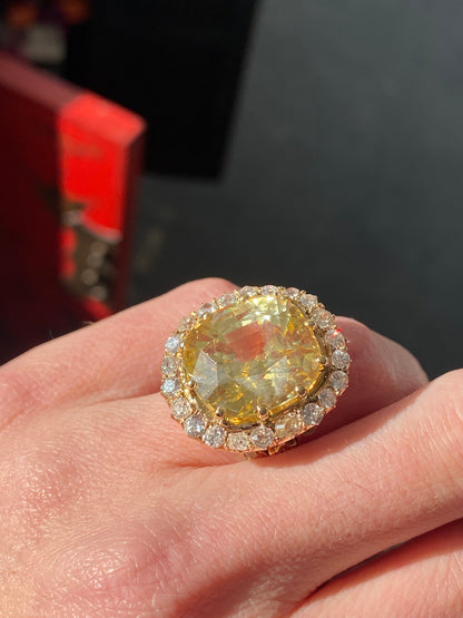 23.62 Carat Certified Unheated Yellow Sapphire and Old Cut Diamond Antique Ring