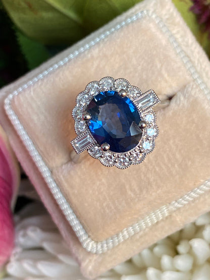 2.79 Carat Blue Ceylon Sapphire and 0.56ctw Natural Diamond Halo Ring in Platinum