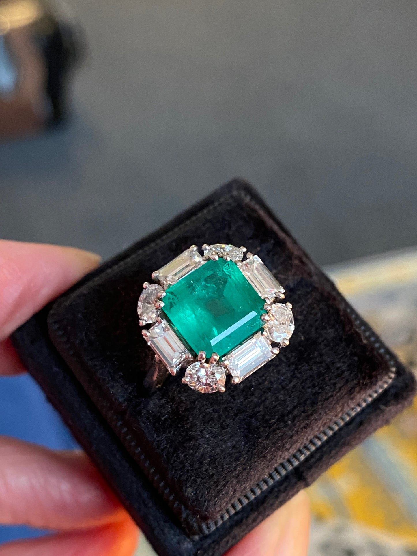 5.66 CTW Vintage Sqaure Emerald Cut Colombian Emerald and Natural Diamond Halo Ring in Platinum