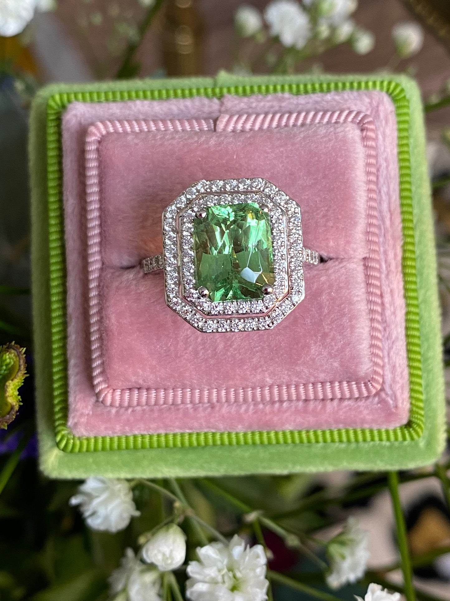 4.57ctw Tsavorite Garnet and Diamond Halo Engagement Ring in Platinum