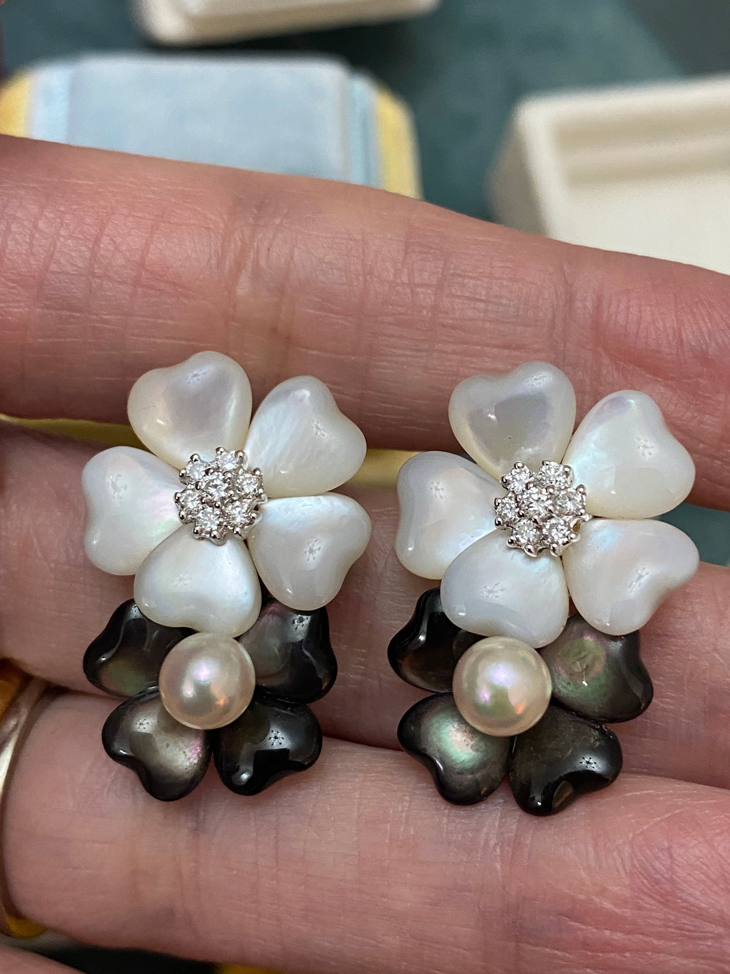 Statement Pearl, Diamond, and Mother of Pearl Flower Earrings in 18ct White Gold