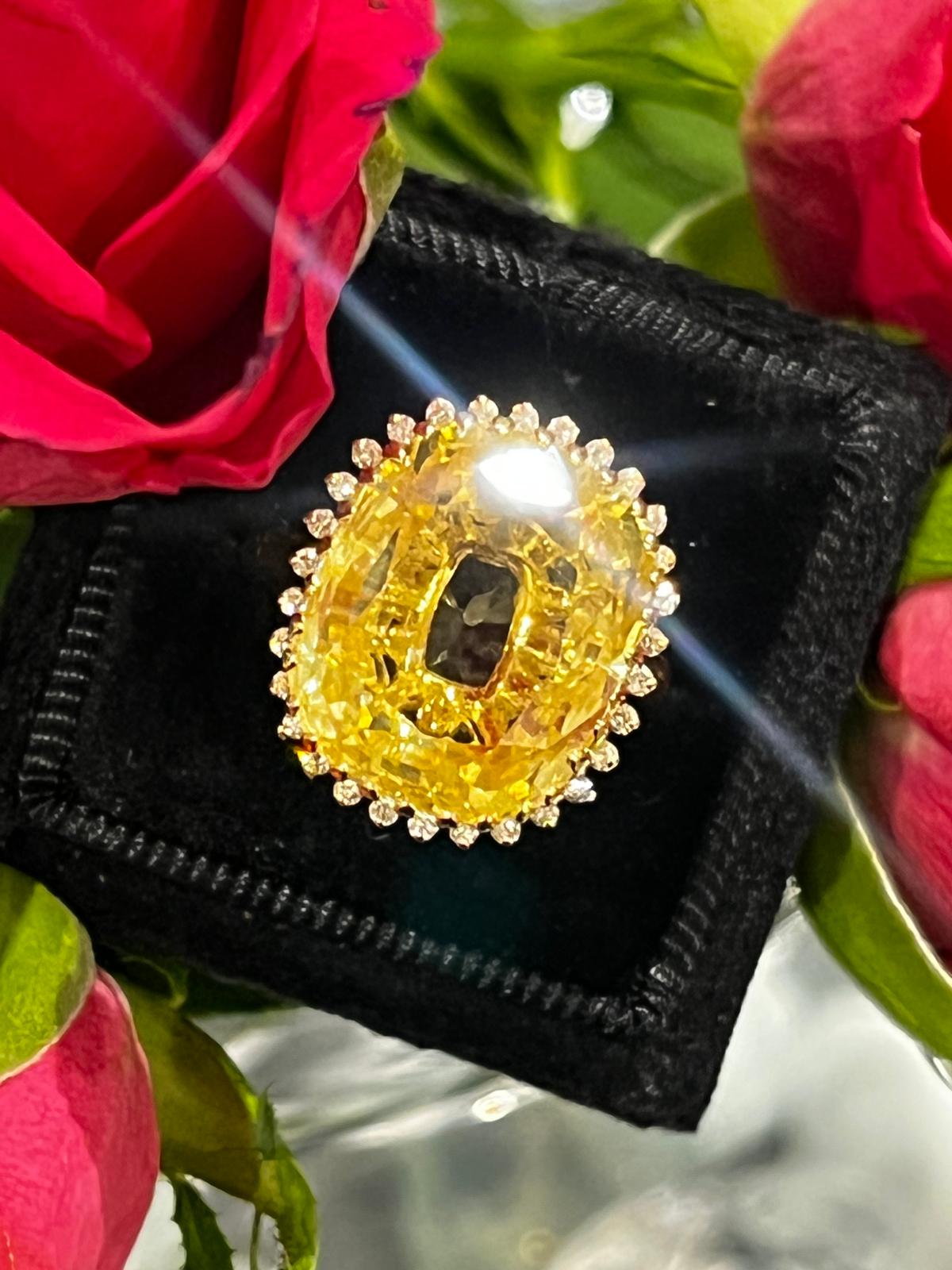 Masterpiece 19.23 Carat Certified Antique Unheated Yellow Sapphire and Diamond Ring