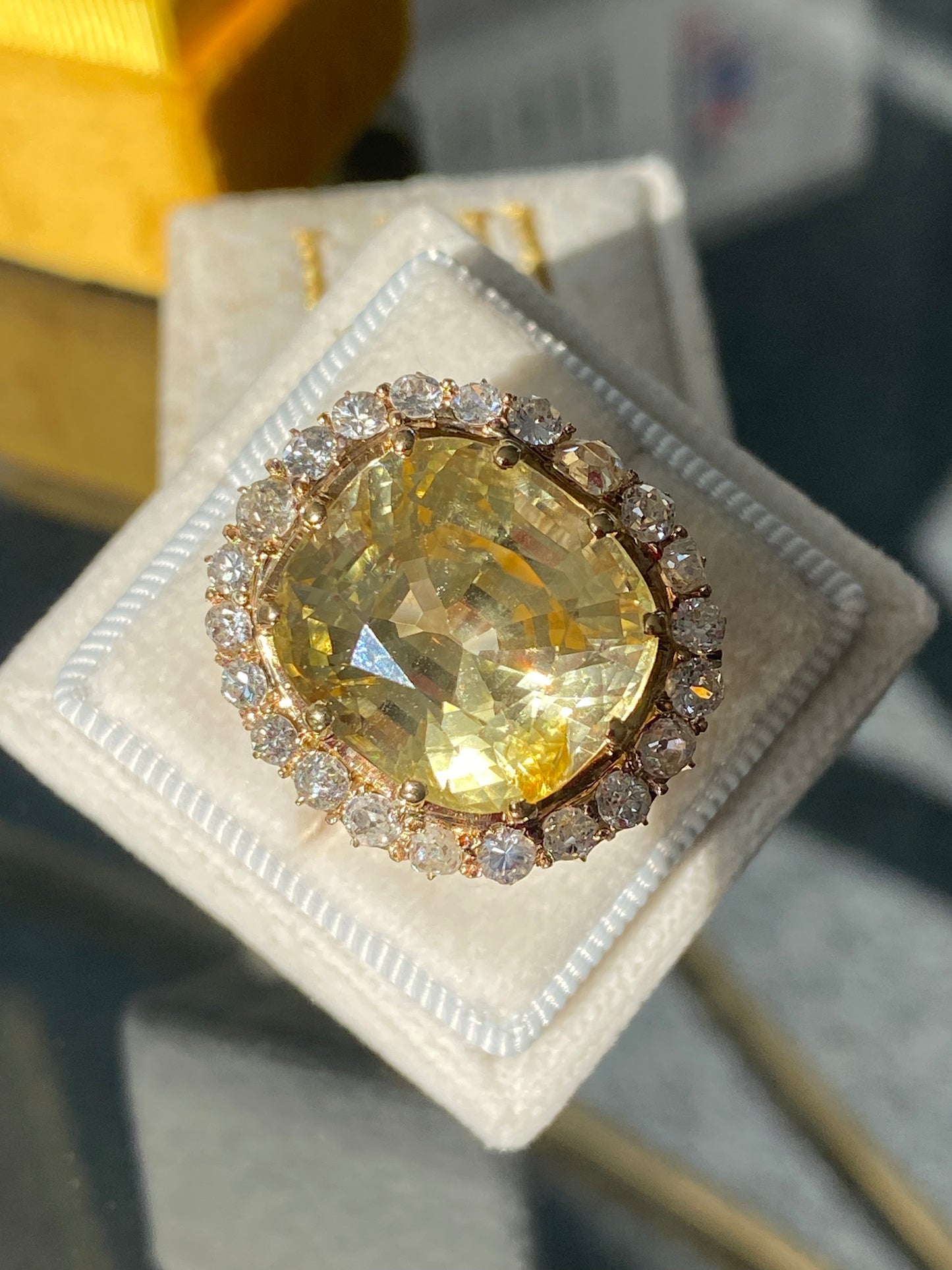 23.62 Carat Certified Unheated Yellow Sapphire and Old Cut Diamond Antique Ring