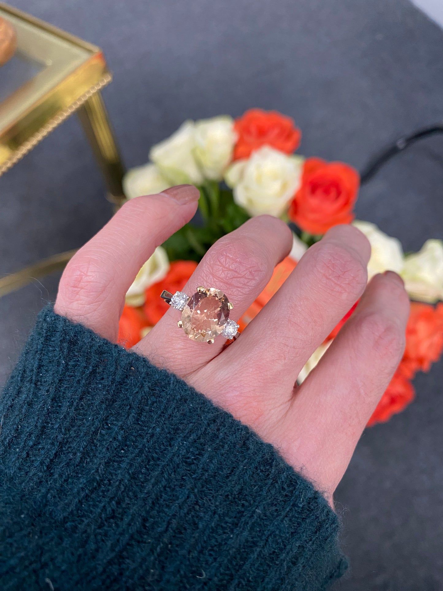 3.11ct Oval Cut Morganite and Diamond Three Stone Engagement Ring in 18ct Gold