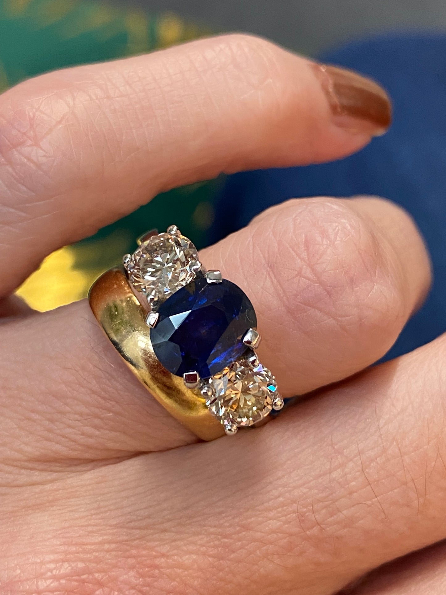 2.76ct Antique Blue Ceylon Sapphire and 2.02ct Diamond Three Stone Engagement Ring in 18ct White Gold