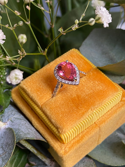 2.11 Carat Pear Cut Pink Tourmaline and Natural Diamond Ring in Platinum