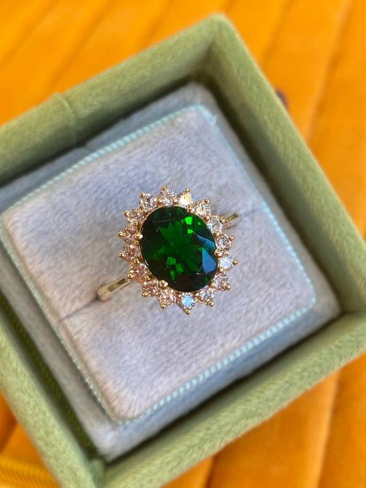 3.00 CTW Chrome Diopside and Diamond Halo Ring in 14ct Yellow Gold