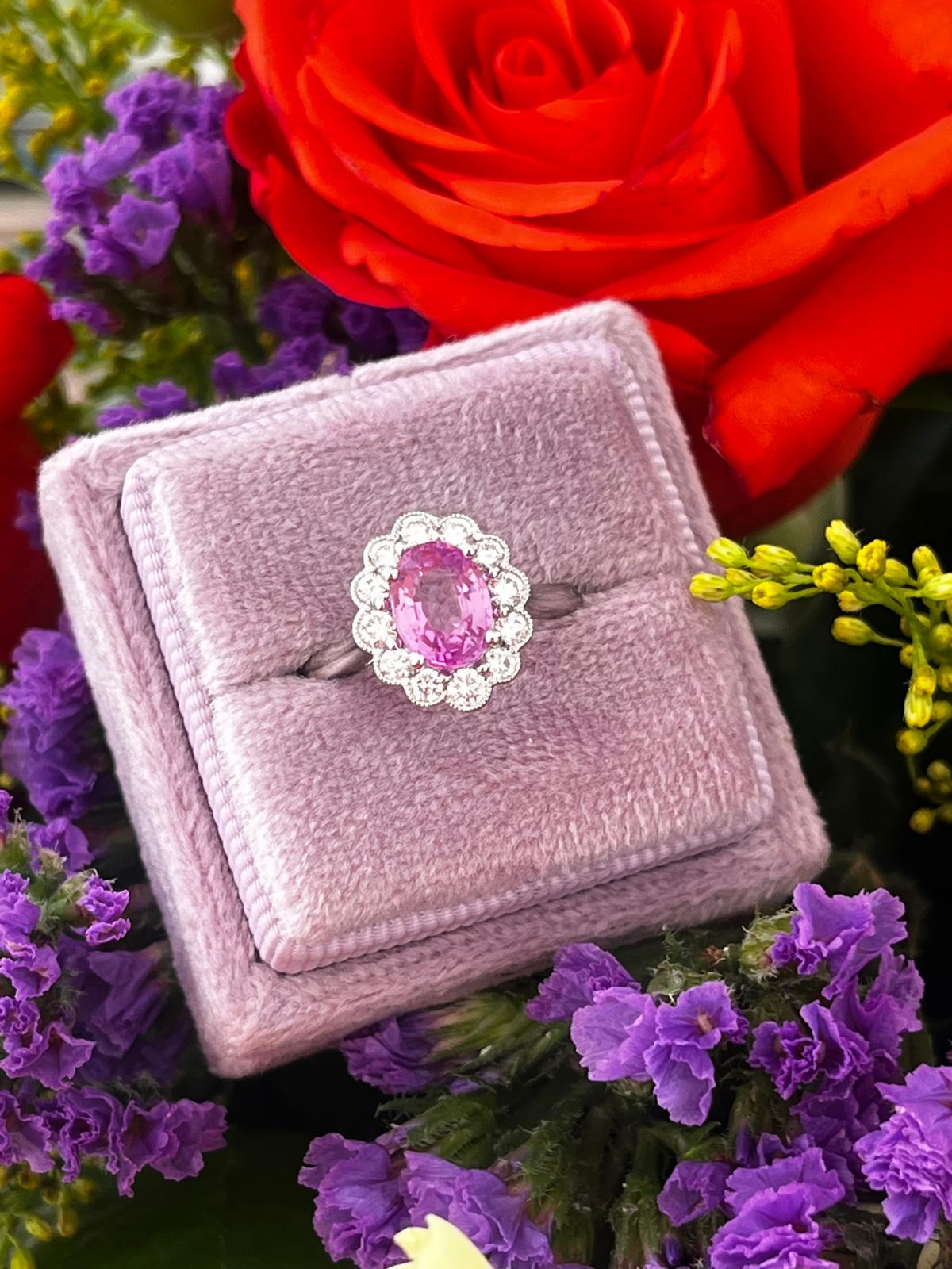 1.94 CTW Oval Cut Pink Sapphire and Natural Diamond Halo Engagement Ring in Platinum