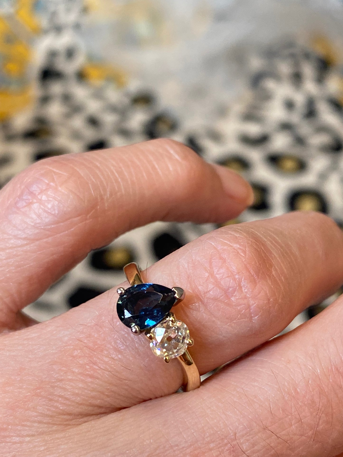 1.49 CTW Antique Diamond and Blue Sapphire Toi et Moi Ring in 18ct Gold