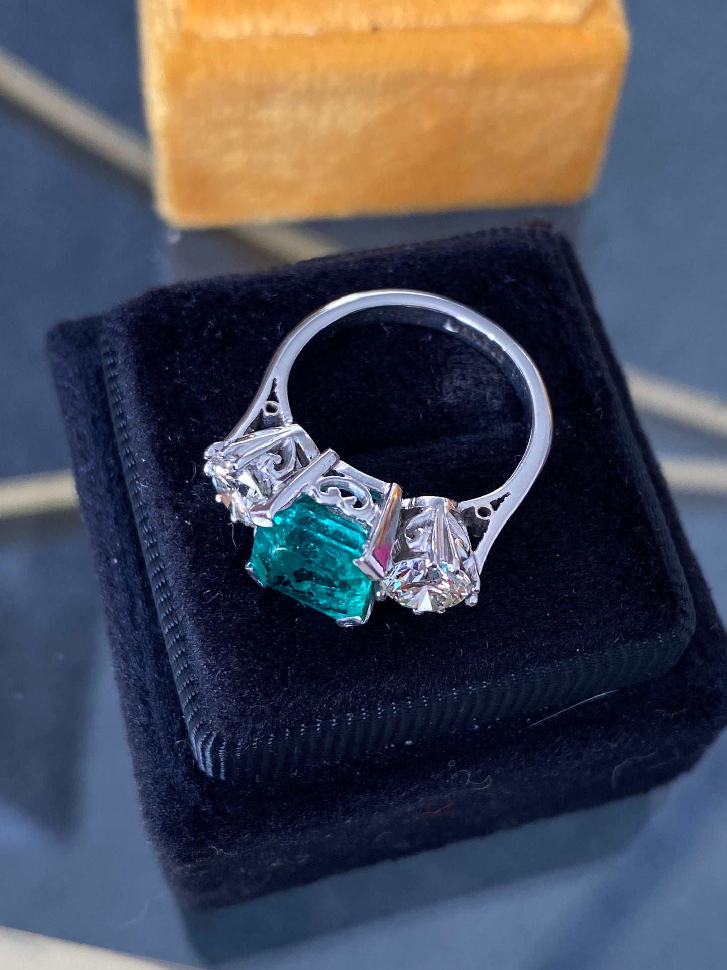 3.50 CTW Colombian Emerald and Diamond Three Stone Engagement Ring in Platinum